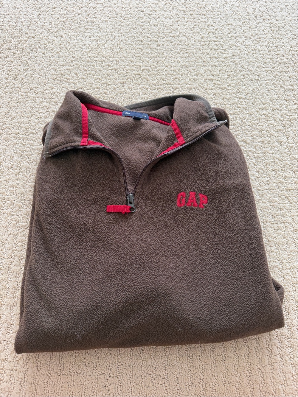 Vintage GAP Men's Brown Fleece Half-Zip with Red Trim